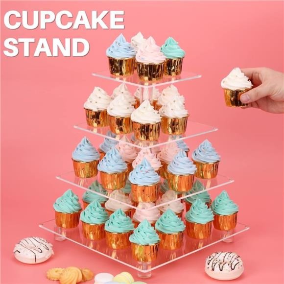 4 Tier Clear Acrylic Cupcake Stand with Gold LED String Lights, Square Tower - Picture 3 of 7